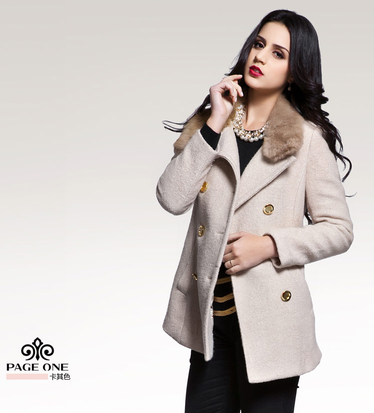 page one/佩吉 2014冬季女装双排扣毛领修身休闲毛呢外套871062
