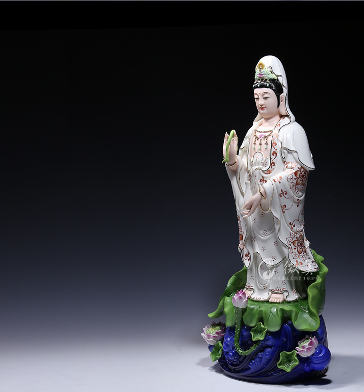 微美16至28吋立莲观音佛像供奉立三莲杨柳净瓶观音菩萨像德化陶瓷彩绘