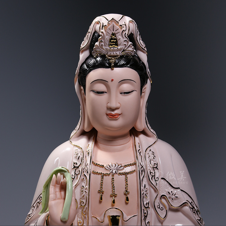 微美德化陶瓷12至18吋富贵平安观音菩萨佛像坐莲观音白色粉色描金白瓷