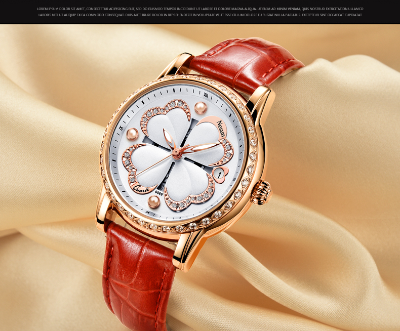 尼尚(nesun)手表女士手表 女式石英表 时尚四叶草系列女表(红色皮带款