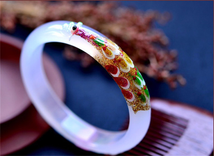 箴诺 玛瑙镯子孔雀雕花玉镯冰种红色手镯 彩色手绘玉镯子手环 白玛瑙