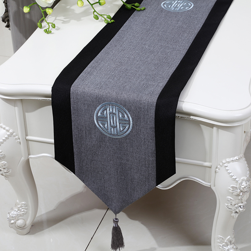 艺必旭桌旗新中式现代简约风格古典复古古典茶几布艺刺绣麻桌旗定制