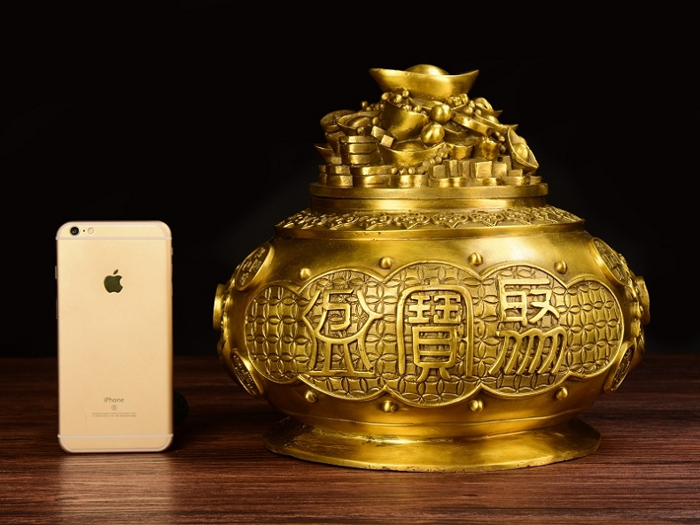 百纳源 聚宝盆摆件风水招财 纯铜五路财神聚宝盆客厅明财位摆设 超