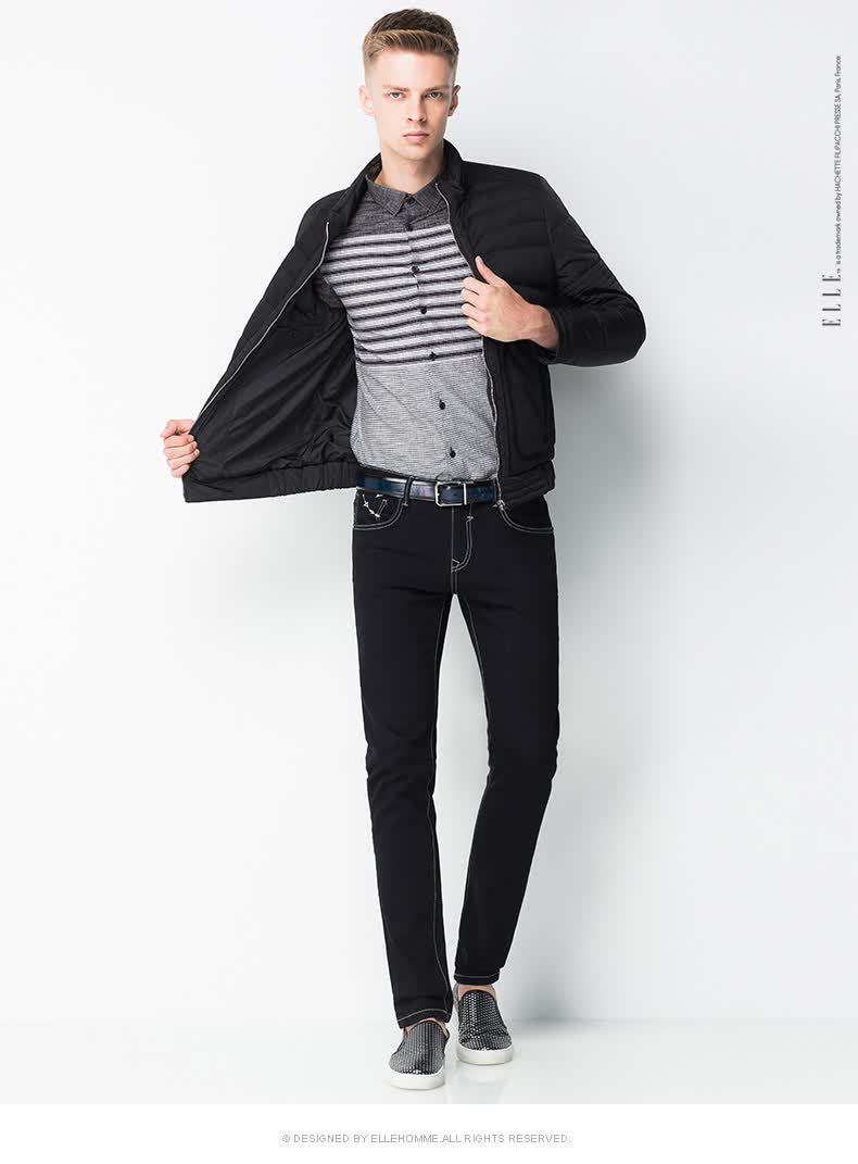elle homme男装羽绒服男时尚立领纯色拼接保暖羽绒服外套秋冬新款