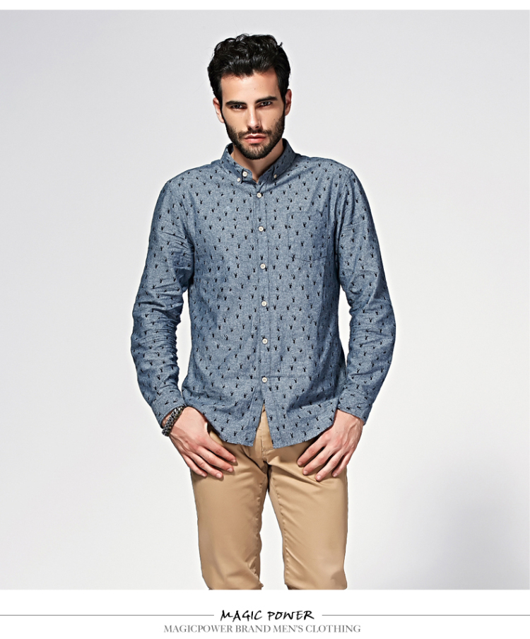 magicpower 2014新款男士纯棉长袖衬衫 英伦修身疯印花男装衬衣