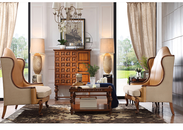 荣麟梧桐法式皮布沙发头层牛皮实木单人客厅沙发组合小户型av258瓦松