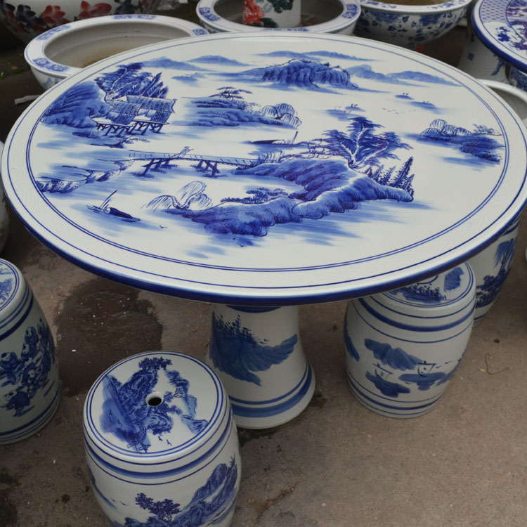 
                                        景德镇陶瓷桌子 瓷器桌子 庭院凉亭阳台摆设桌子茶几 带四个鼓櫈青花陶瓷桌子 竹林七贤                