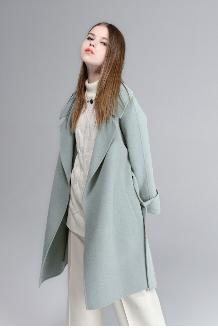 榭都 豆绿色双面呢大衣女 中长款手工喇叭袖韩国羊毛外套双面羊绒大衣