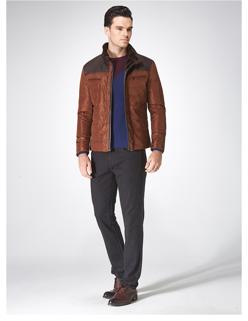 劲霸男装k-boxing 时尚拼皮保暖毛立领绗缝白鸭绒羽绒服|frhy4517