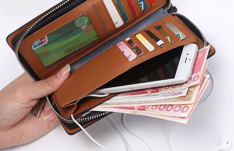 博牌bopai男士钱包长款拉链手机包牛皮大容量手包蓝色12-60803