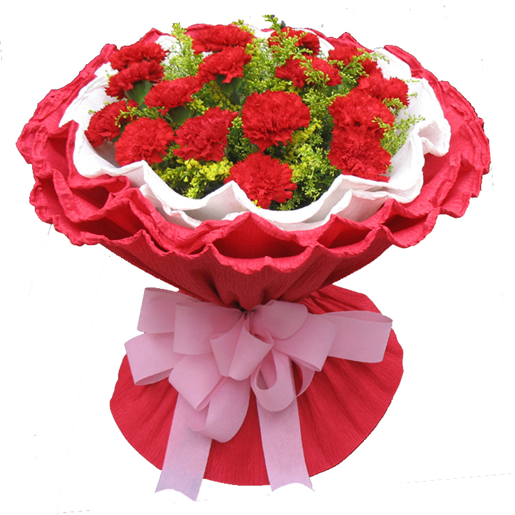 花材:21枝红色康乃馨,黄莺点缀, 内用白色,外用红色卷边皱纹纸圆形