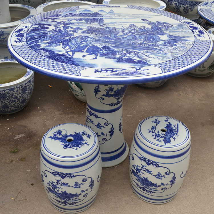
                                        景德镇陶瓷桌子 瓷器桌子 庭院凉亭阳台摆设桌子茶几 带四个鼓櫈青花陶瓷桌子 竹林七贤                