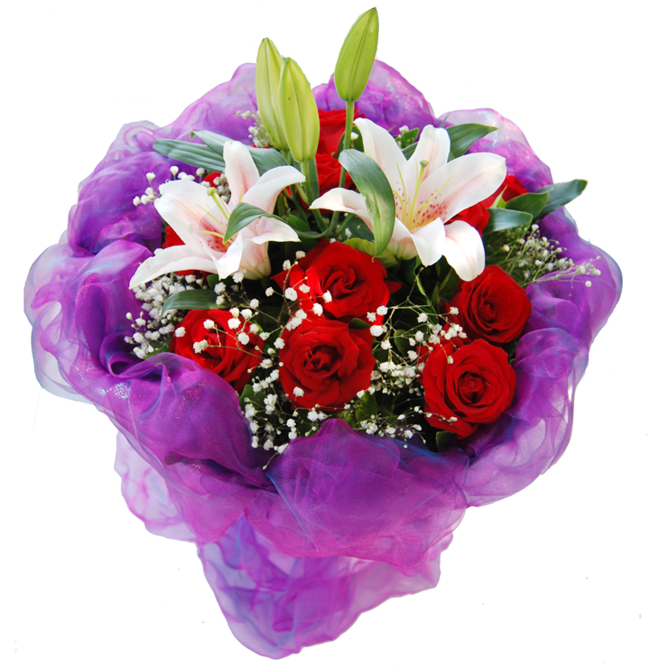 花材:11枝红玫瑰 1枝多头粉色香水百合,满天星,绿叶间插,紫色软纱网