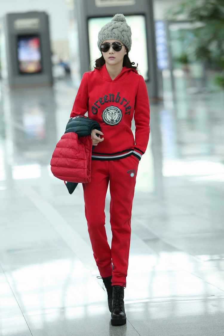 大及服饰 2015长袖套头卫衣三件套女冬季大码女韩版加绒休闲运动套装女装外套上衣 红配黑马甲 L