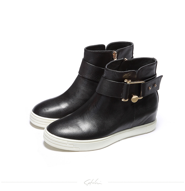 satchi沙驰靴子新款圆头平底内增高休闲短靴 时尚日常女皮鞋c839818p
