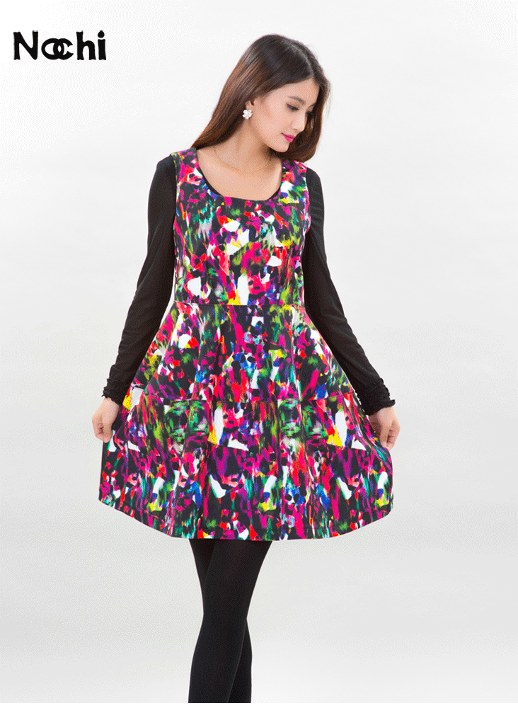 nochi诺琪女装时尚活力印花收腰散摆连衣裙 n714l15 粉花a70 s