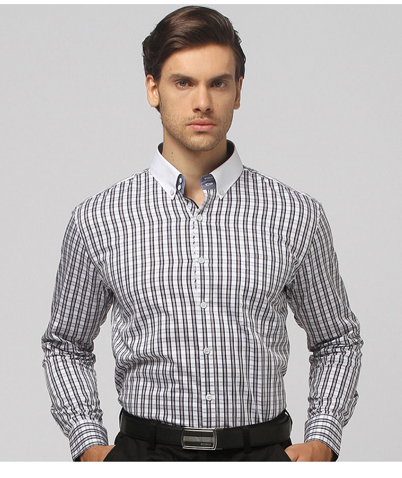 乔治白品牌正品商务休闲男装衬衫纯棉格子长袖上衣白领扣领 白底格子