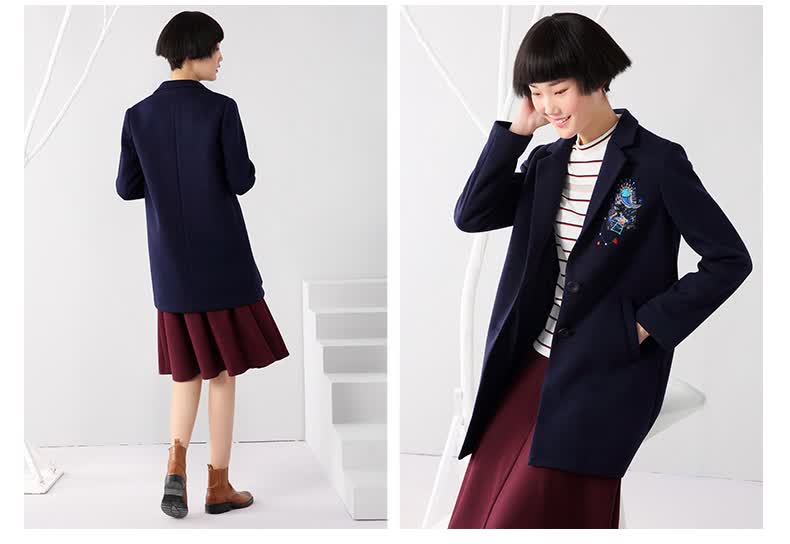 熙世界2018冬新品纯色西装领绣花中长款毛呢外套女装198lg027深宝蓝l