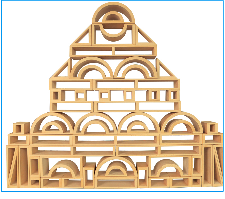 七色花儿童积木玩具木质原木本色空心积木58块 中空积木qjm0042【图片