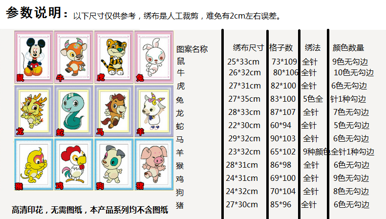 百家好精准印花十字绣新款客厅画 卡通动物系列 十二生肖 鼠牛虎兔