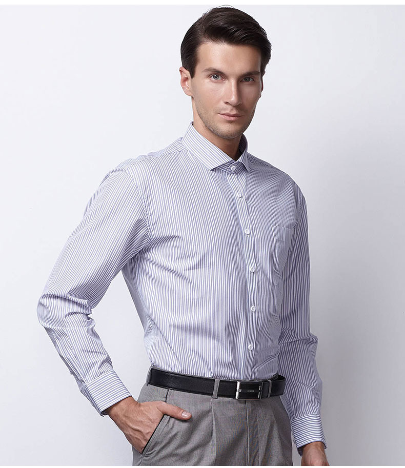 乔治白衬衫新款140支温莎领条纹衬衣商务休闲男士长袖衬衫 灰紫条纹