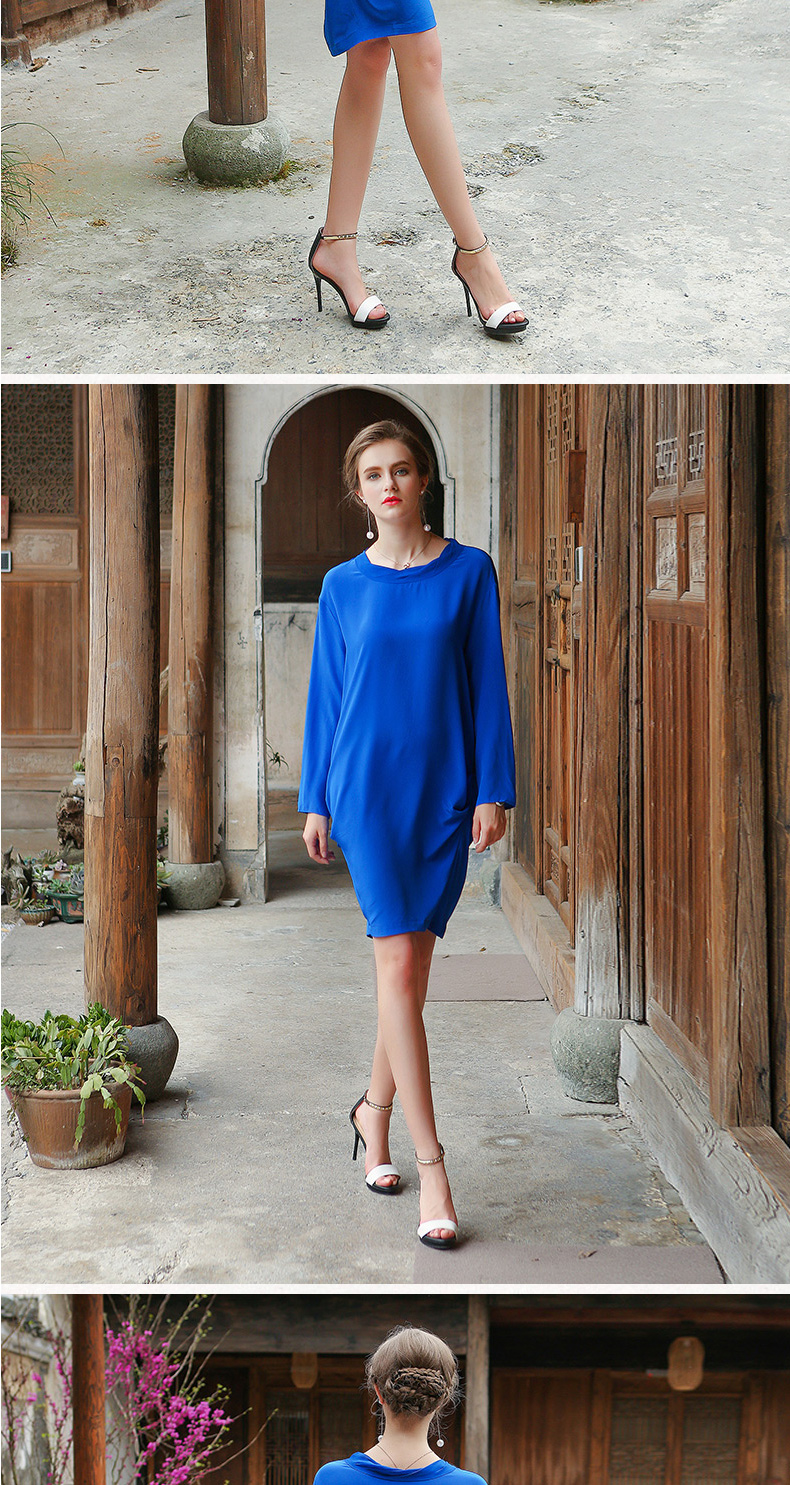 voa 真丝连衣裙 钻石蓝双绉扭扭领拼接落肩长袖两边褶皱o型春秋衣服 a