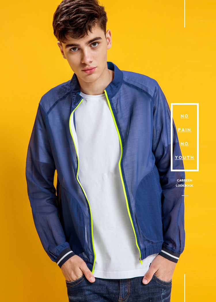 卡宾cabbeen 夏季新款 个性潮流男士插肩外套衫拉链蓝色茄克a