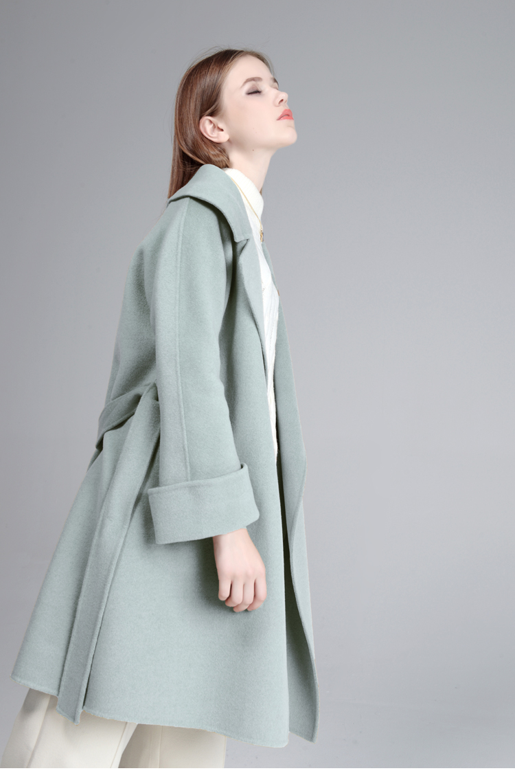 榭都 豆绿色双面呢大衣女 中长款手工喇叭袖韩国羊毛外套双面羊绒大衣