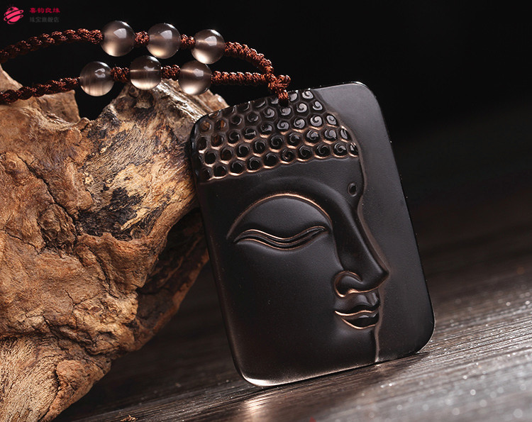 喜韵良缘黑曜石释迦牟尼侧面佛头吊坠项坠男女大日如来吊坠普通绳款