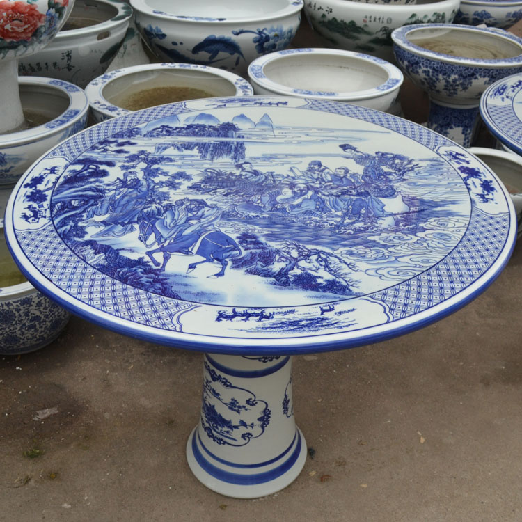
                                        景德镇陶瓷桌子 瓷器桌子 庭院凉亭阳台摆设桌子茶几 带四个鼓櫈青花陶瓷桌子 竹林七贤                