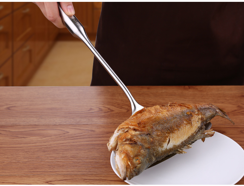 叁肆钢 德国平底煎鱼铲子加宽加厚翻鱼铲304不锈钢长柄沥油炸鱼专用