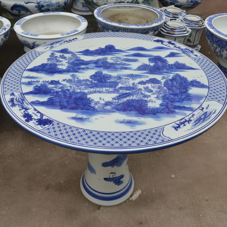 
                                        景德镇陶瓷桌子 瓷器桌子 庭院凉亭阳台摆设桌子茶几 带四个鼓櫈青花陶瓷桌子 竹林七贤                