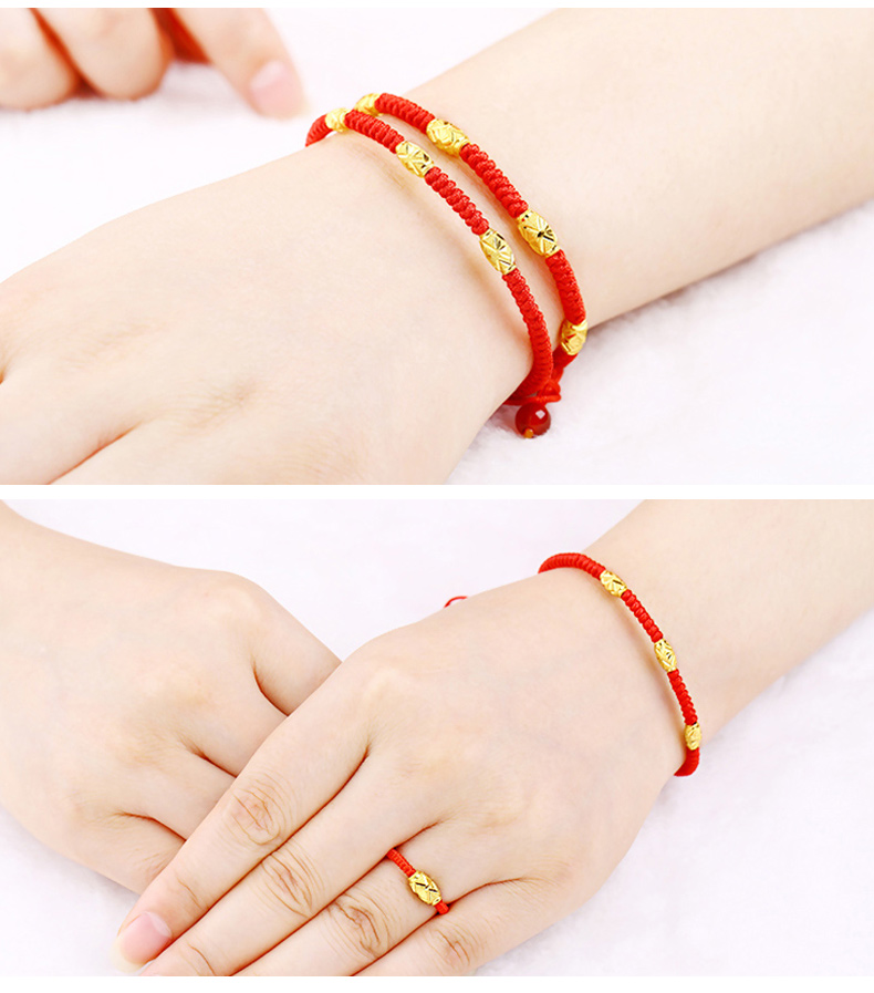 黄金戒指女999足金路路通转运珠黄金戒指男女款本命年红绳转运珠戒指