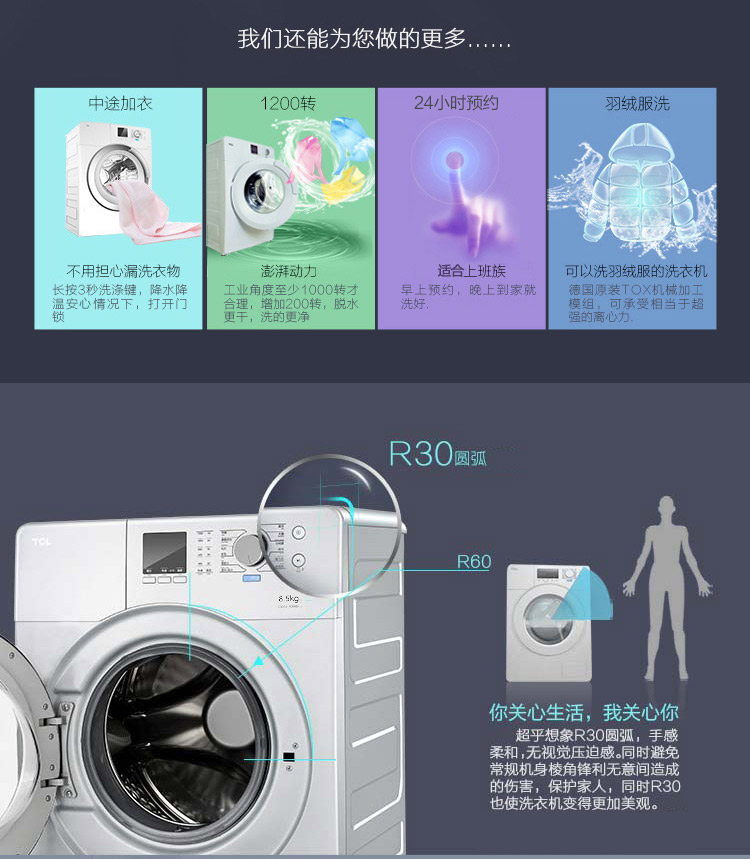 tcl滚筒洗衣机xqg85fc101bp星空银