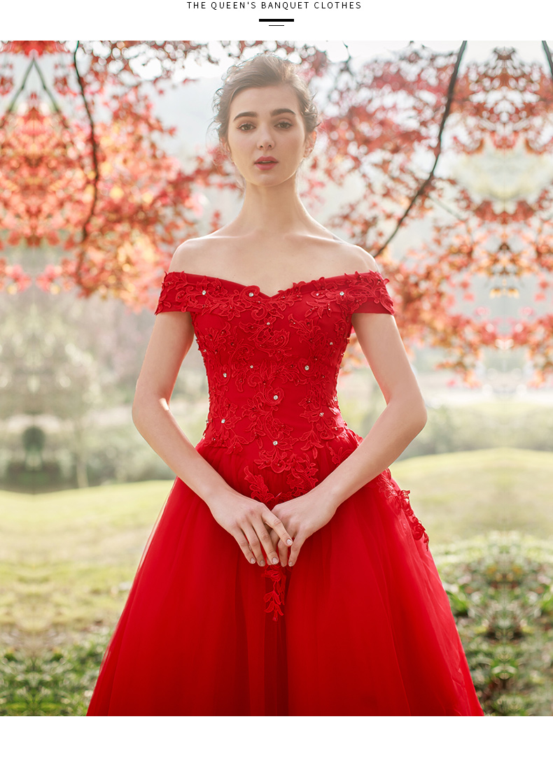名门新娘红色婚纱礼服 新娘齐地2016新款一字肩婚纱红色春季2398 红色