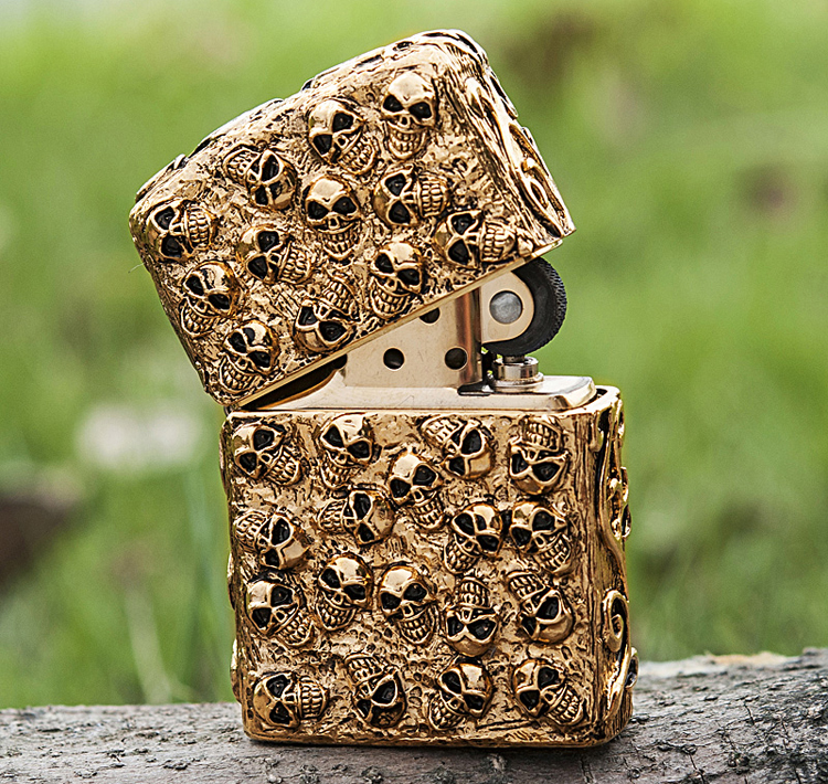 之宝zippo打火机万恶之城小骷髅头日版镀金镀银五面包裹贴章超重手感