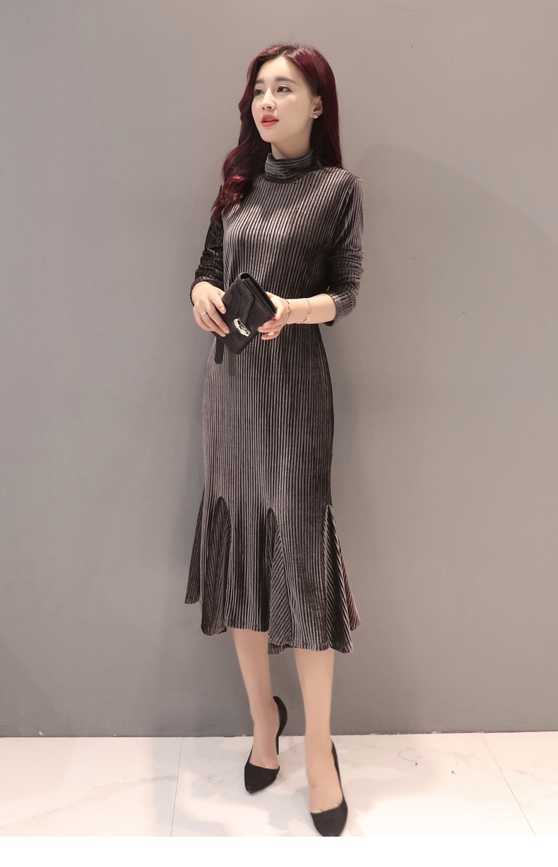 卡韵2017春装连衣裙女修身显瘦百褶春秋打底裙长款金丝绒连衣裙 灰 m