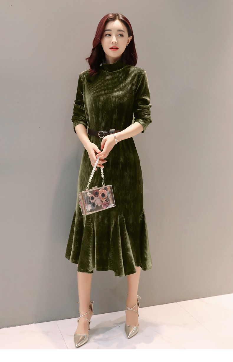 卡韵2017春装连衣裙女修身显瘦百褶春秋打底裙长款金丝绒连衣裙 灰 m