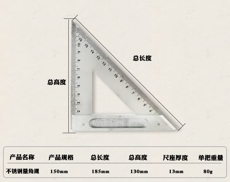 华丰巨箭不锈钢三角尺直角钢角尺角度尺三角板木工尺1520cm200mm三角