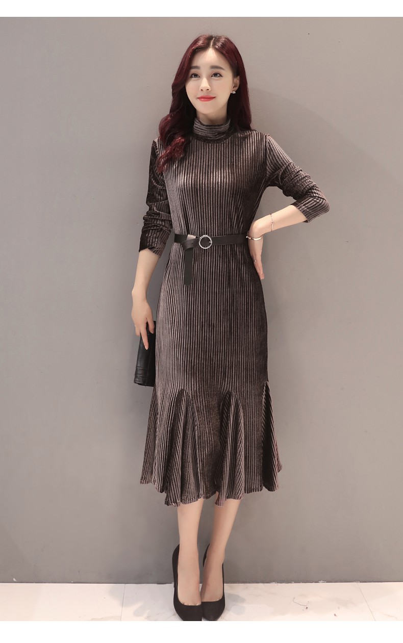 卡韵2017春装连衣裙女修身显瘦百褶春秋打底裙长款金丝绒连衣裙 灰 m