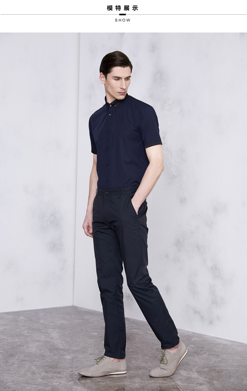 依文男装 商务时尚复古小花纹男短袖衬衫半袖衬衫ed650031 藏蓝色 39