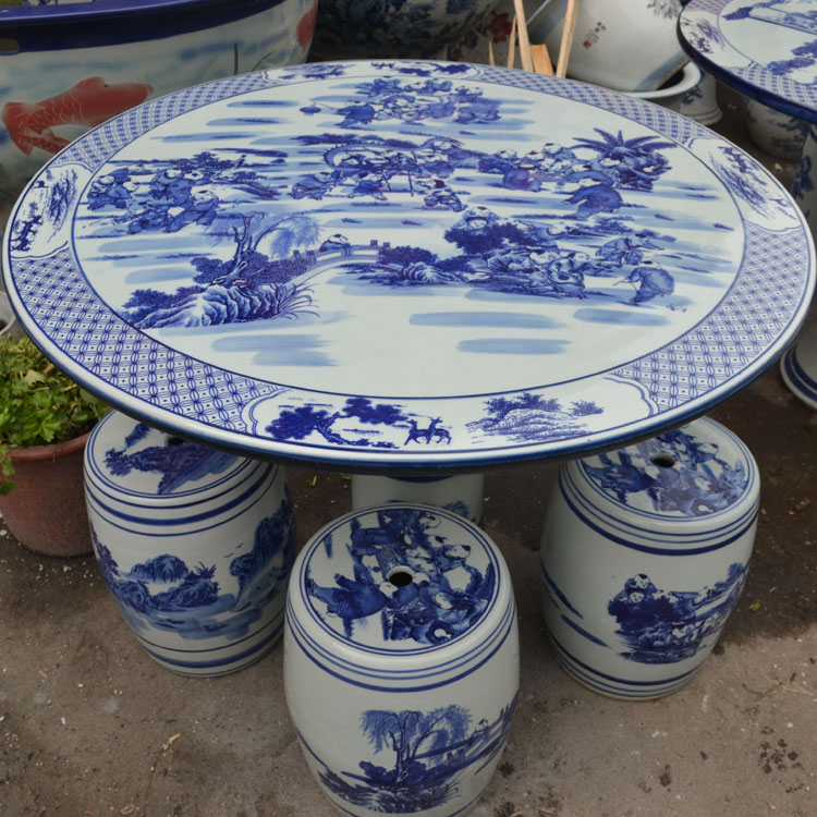 
                                        景德镇陶瓷桌子 瓷器桌子 庭院凉亭阳台摆设桌子茶几 带四个鼓櫈青花陶瓷桌子 竹林七贤                
