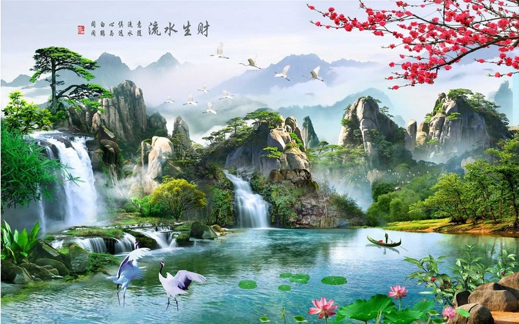 多美莱高山流水生财餐厅沙发壁布3d立体电视背景墙壁纸迎客松墙纸无缝