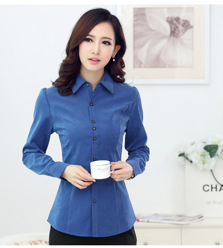 奈慧加厚加绒衬衫女简约休闲妈妈装修身红色蓝色翻领纯色长袖大码淑女衬衣2015冬装新款 玫红色(加绒保暖) L