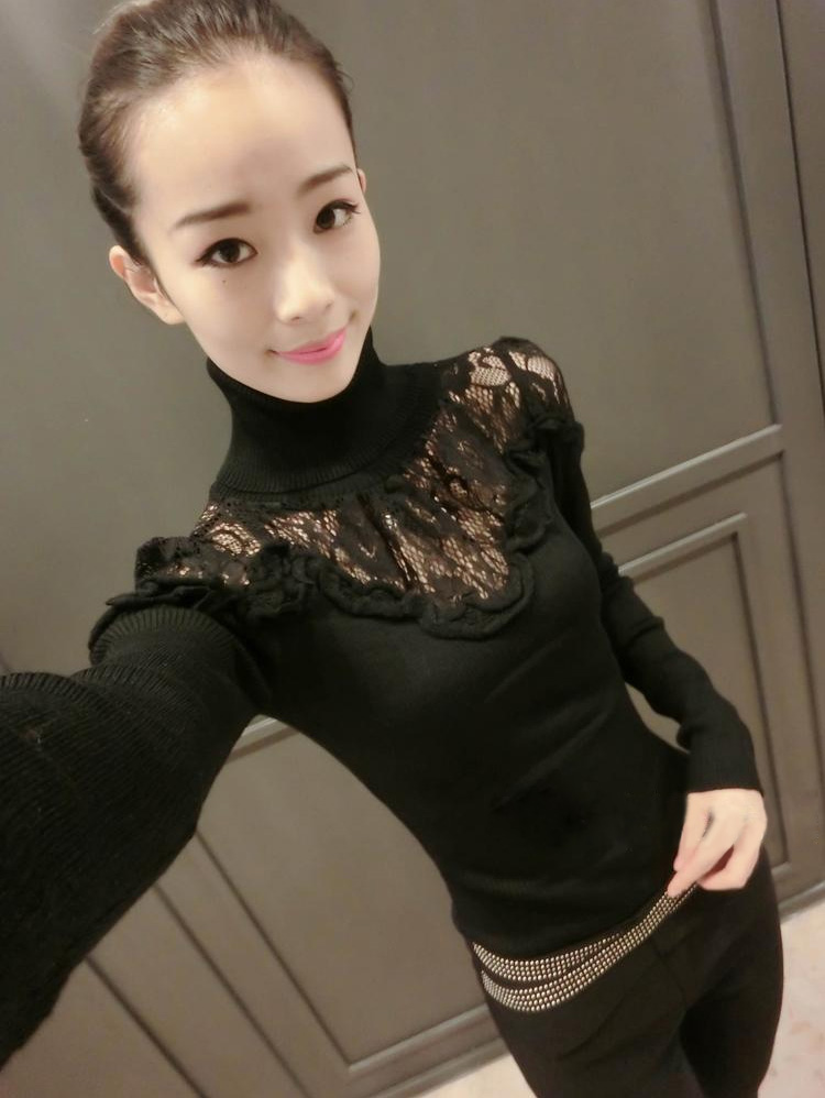 
                                        姚雅妮新款时尚韩版百搭蕾丝高领毛衣针织衫女装修身性感长袖拼接打底衫T恤 黑色 均码                