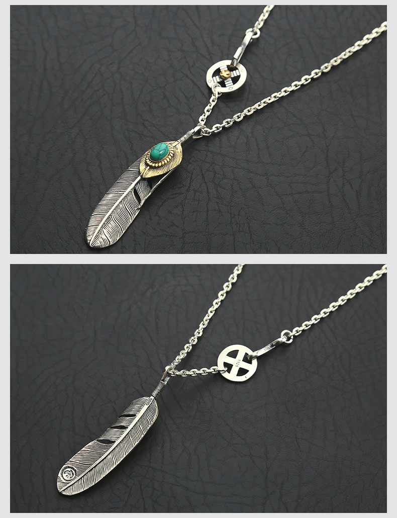 凡丘珠宝s925银高桥吾郎项链绿松石复古金叶羽毛情侣套链其他尺寸请