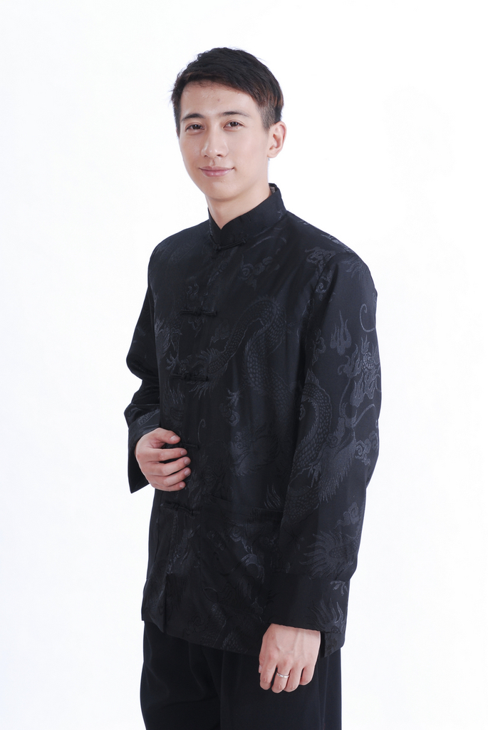 秋冬男士唐装旗袍长袖男上舒适宽松型衣黑色休闲衣裤 黑色 xxxl