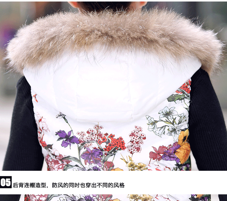 雪妮梦丝 韩版2016秋冬新款女装时尚真毛领连帽民族风印花修身棉马甲女 白色 L