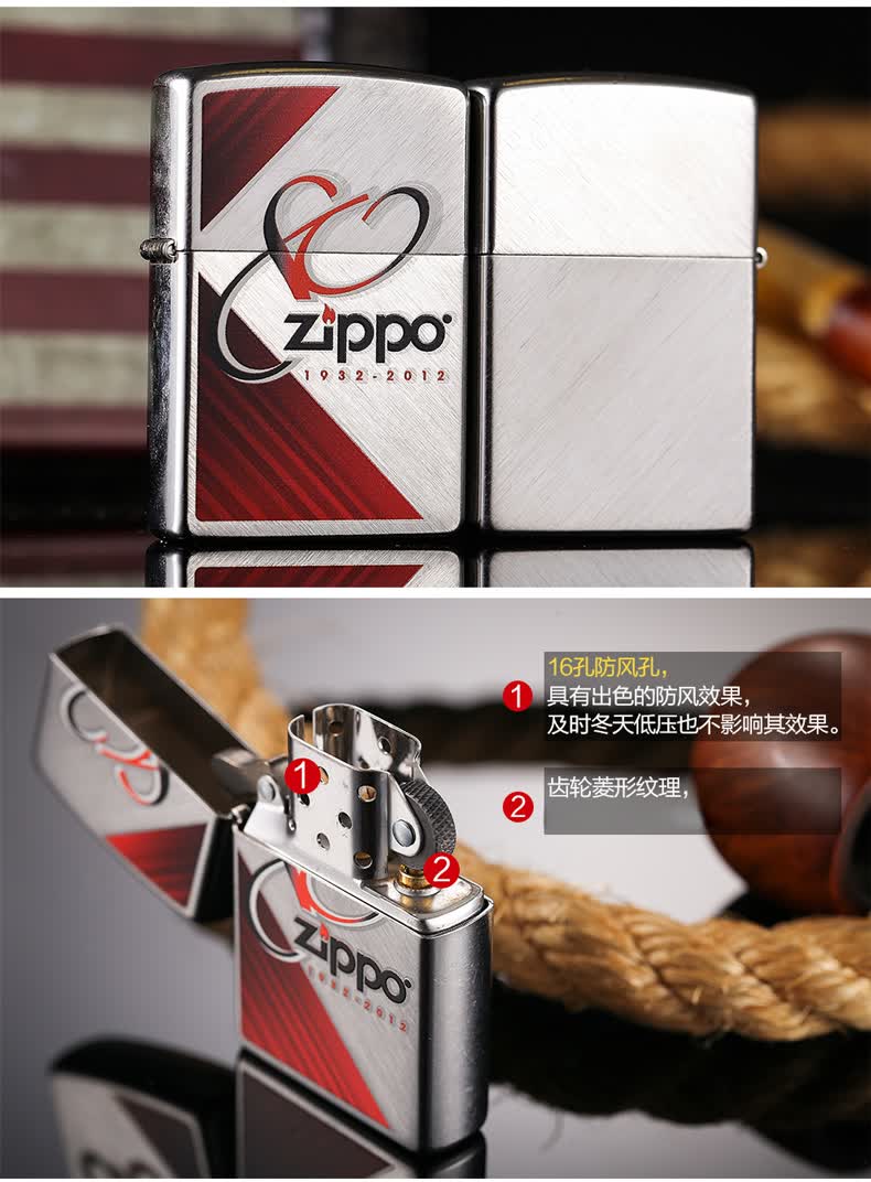 芝宝zippo煤油打火机防风80周年纪念28192 拉丝彩印