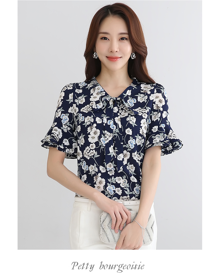 veginina 韩版喇叭袖印花碎花雪纺衫短袖 9479(深蓝花 3xl)